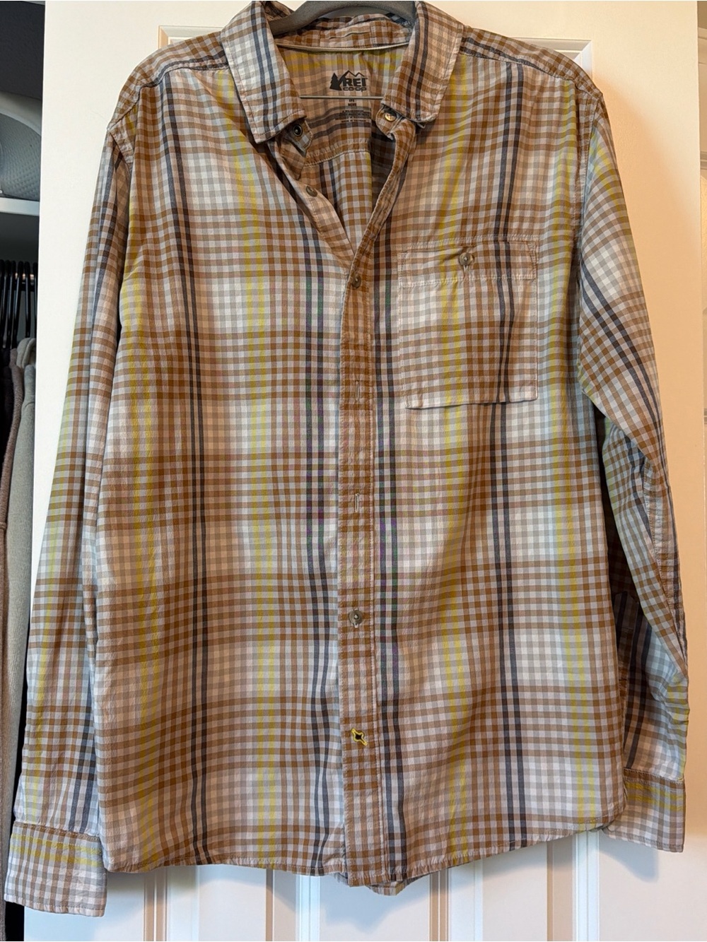 REI Brown Yellow Plaid Men's Button-Up Shirt